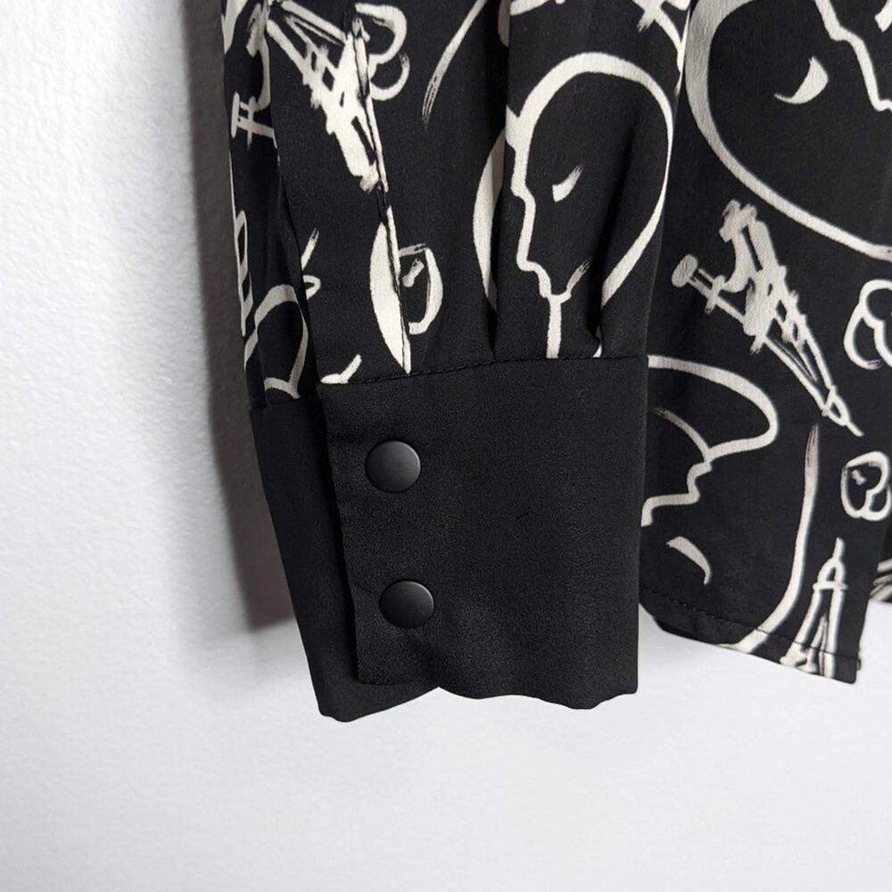 Catherine Malandrino Black Paris Faces Print Blouse Long Sleeve Button Up Size M - Picture 6 of 8